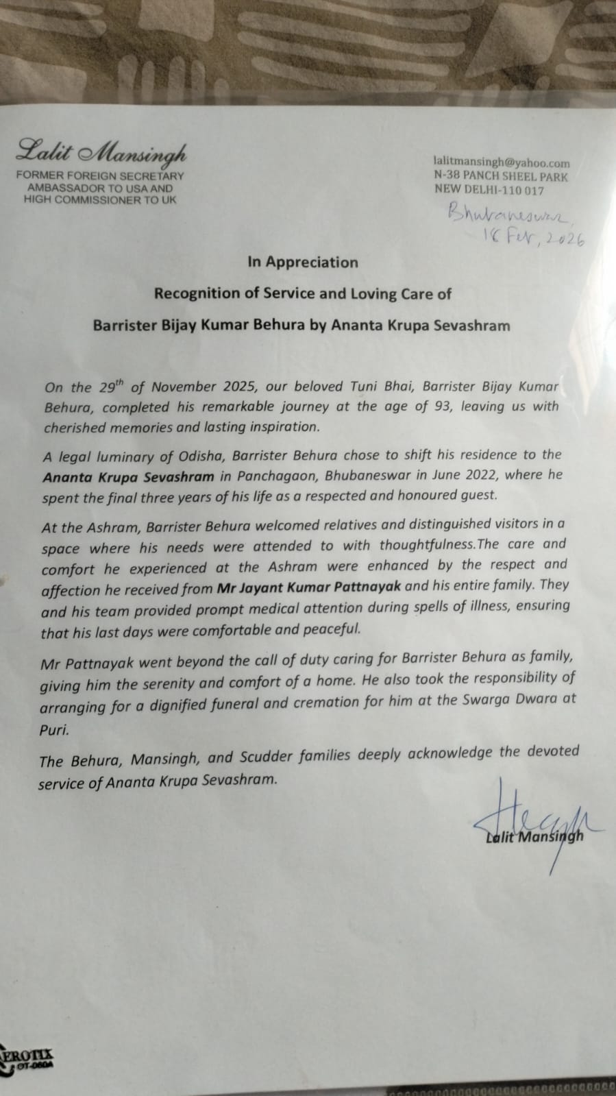 Letter of Appreciation